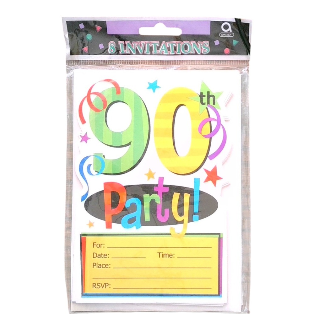 Amscan 90th Birthday Party Invitations with Envelopes - Pack of 8 Fill-In Cards